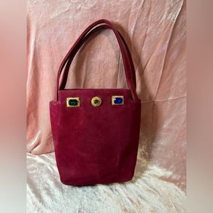 Paulo Gucci Vintage Handbag very rare jewels in gold frames,soft red suede